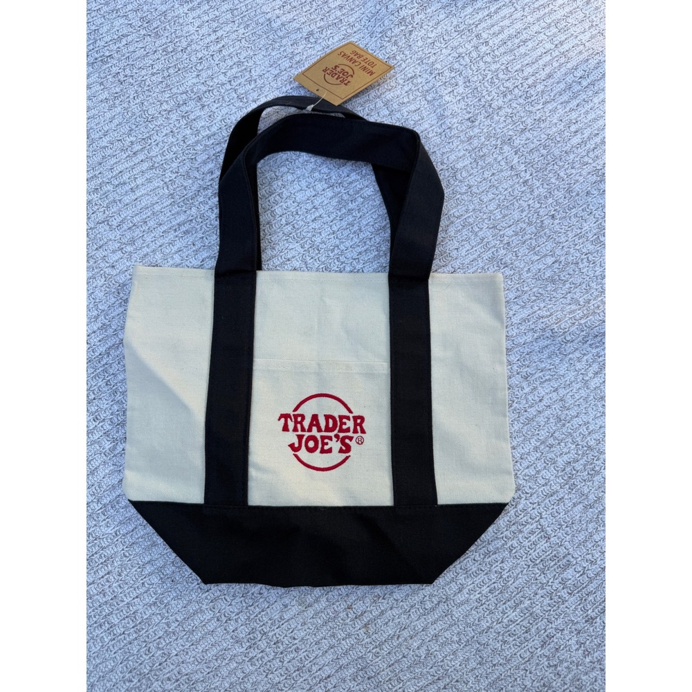 Trader Joe's Mini Canvas Tote Bag Mini Cream Navy Embroidered Logo NWT